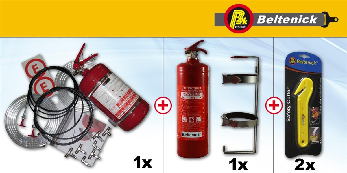 Rallye Set Feuerlöschanlage Handlöscher und Gurtmesser Mechanische Auslösung, Stahlbehälter FIA